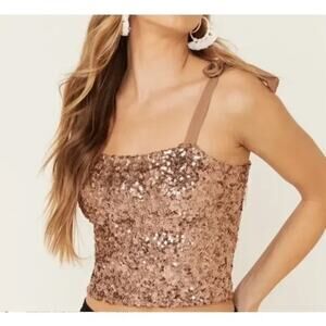 Free People Revolve "Hey Girlie" Sequin Top in Rose Shoulder Ties XS MSRP $78